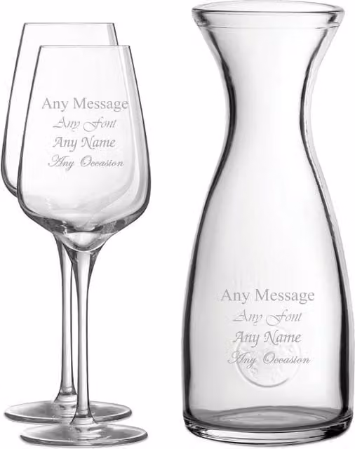 Uniqueful Personalised Engraved Set of 2 Wine Glasses and 1 Litre Carafe in Clear Glass