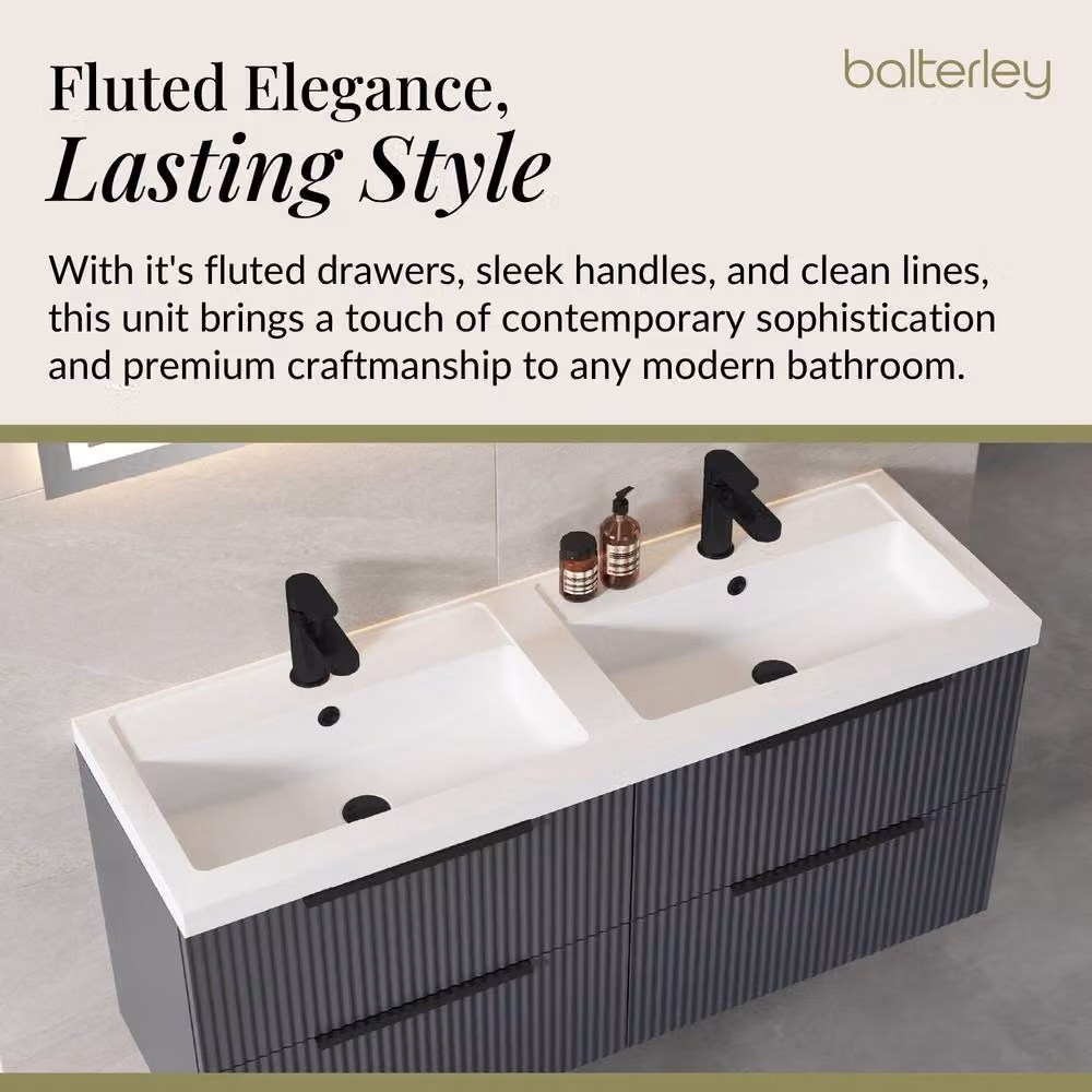 Balterley Fluted Front Wall Hung 4 Drawer Vanity Basin Unit, Dark Grey, W: 120 cm – 3