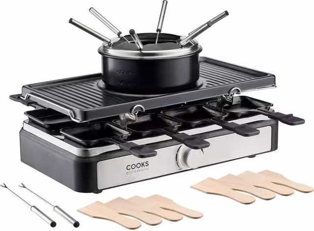 Cooks Professional Electric 2-in-1 Raclette Grill and Fondue Set, 1400W, Black, for 8 People with Non-Stick Metal Grill Plate and Adjustable Thermostat