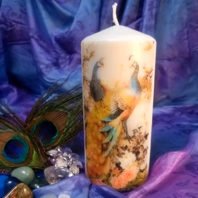 Viki White Peacock Pillar Candle
