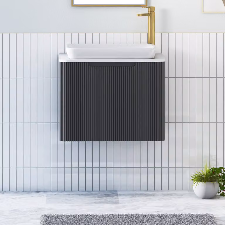 Royal Bathrooms Avenza Wall Hung Vanity Unit with Qubix Basin, Matt Obsidian Black and Plain White Worktop, Width: 60 cm