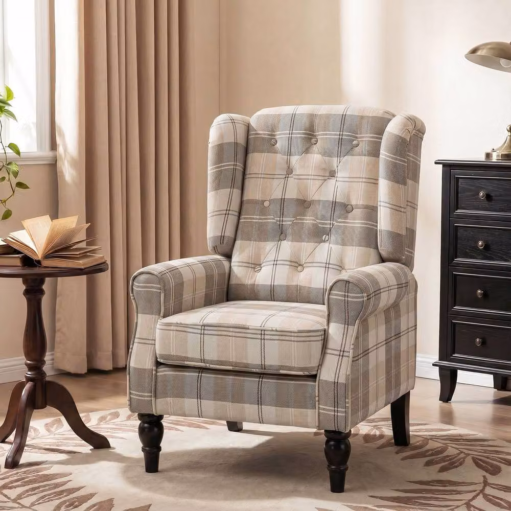 STILVORA Classic Tub Armchair with Tufted Fabric Back and Solid Wood Frame in Beige – 3