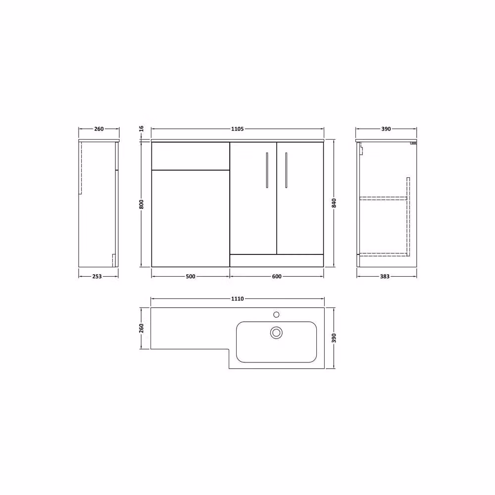 Balterley Bramshall 2 Door Right-Hand Bathroom Unit with Stone Top, Charcoal Black, W: 110 cm, H: 84 cm – 2