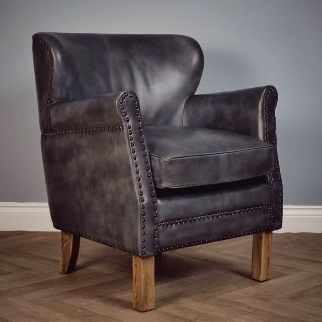 Elm Home And Garden Aviator Wing Accent Arm Chair in Grey Genuine Leather with Solid Wood Frame