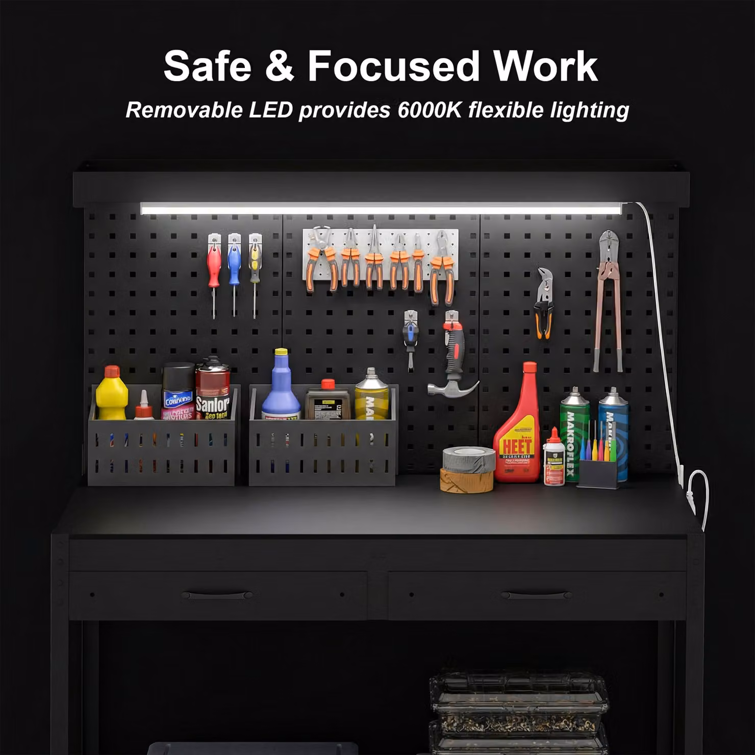 HOMCOM Heavy Duty Black Workbench with Pegboard, Power Strip and LED Light, W: 110 cm, D: 60 cm, H: 91 cm – 4