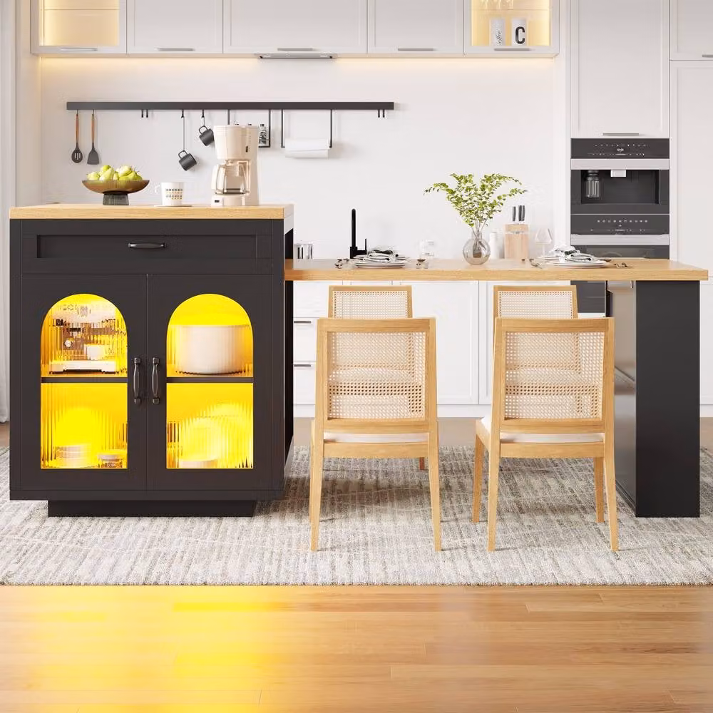 ModernLuxe Extendable Kitchen Island with LEDs and 2 Drawers in Black – 2