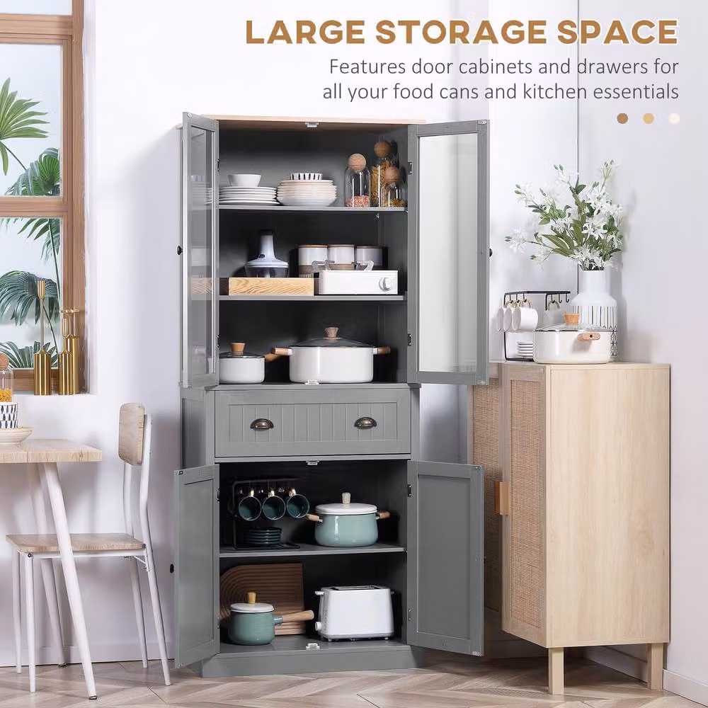 ERGOVEXA Tall Kitchen Pantry Cupboard in Grey with Glass Doors and Drawers, H: 182.5 cm, W: 40.0 cm, D: 76.0 cm – 3
