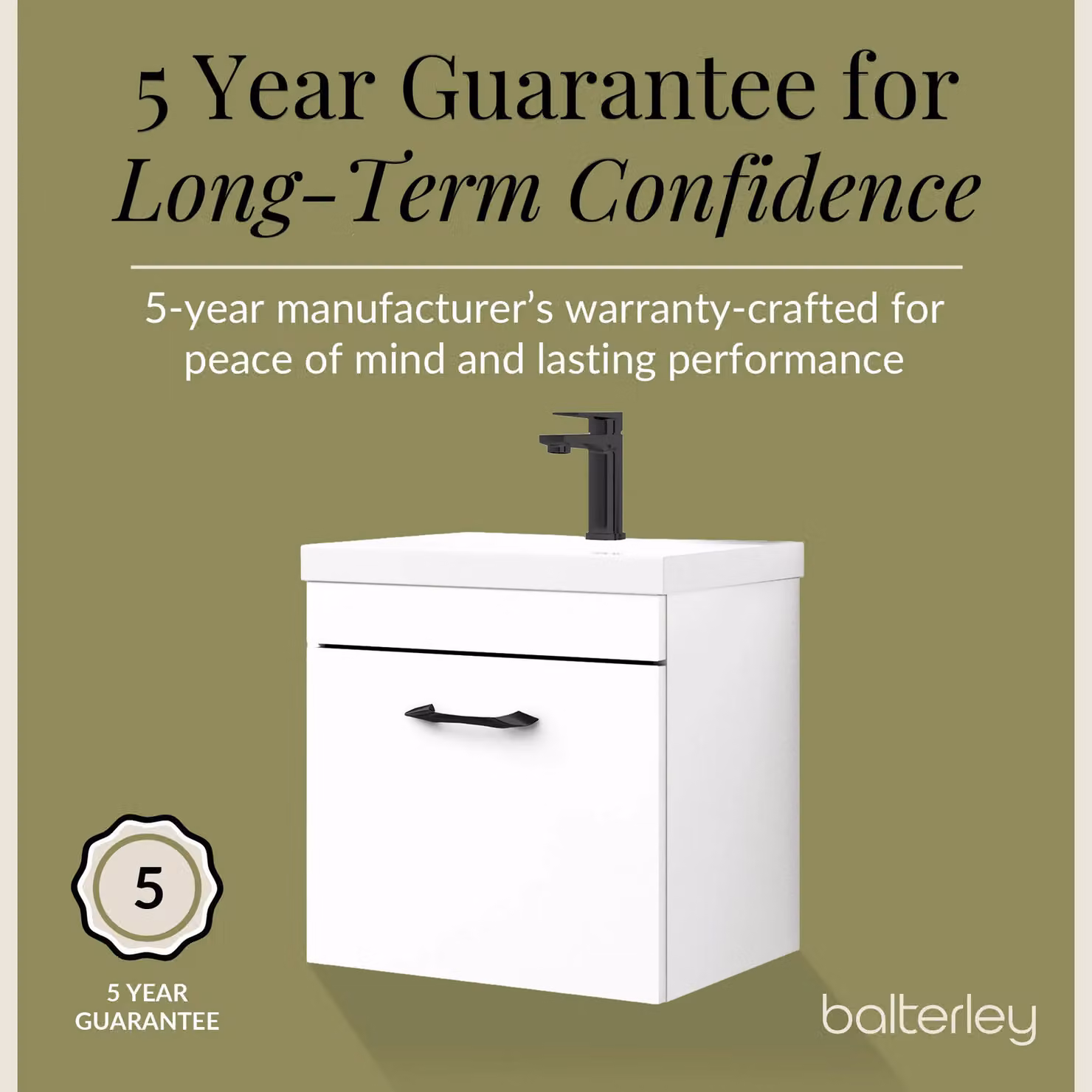 Balterley Modern 1 Drawer Wall Hung Bathroom Vanity Basin Unit with Black Handle, White, Width: 50 cm – 3