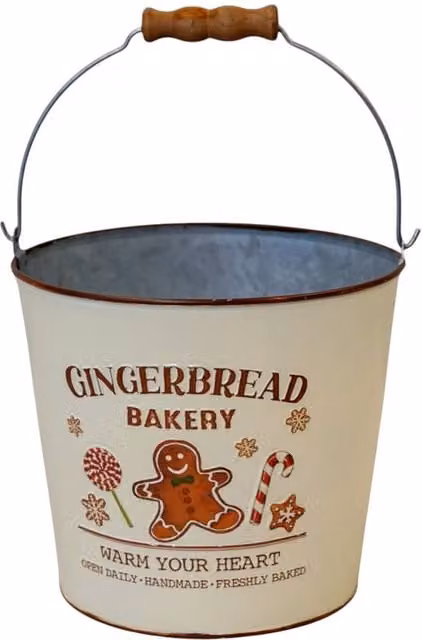 Four Candle Gingerbread Bakery Christmas Metal Bucket in Off-White/Beige, W/D/H: 15.0 x 14.0 x 14.0 cm – 1