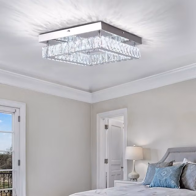 Livingandhome 25W Rectangular LED Crystal Ceiling Light in White and Chrome Stainless Steel
