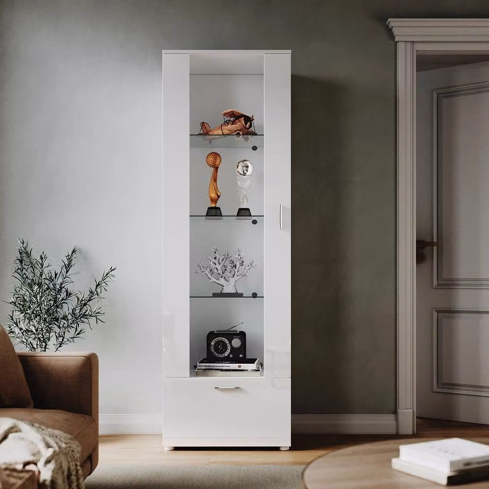 FLAVORA Modern White High Gloss Display Cabinet with Glass Doors and Integrated Lighting, H: 187 cm, W: 40 cm, D: 40 cm – 2