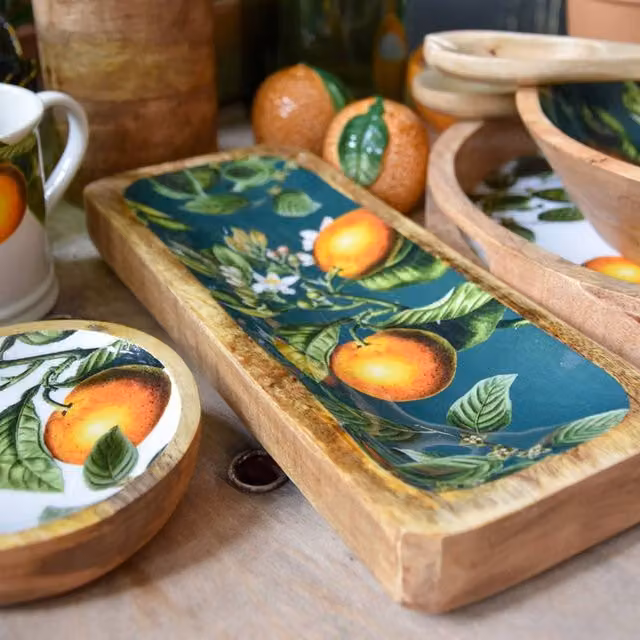 Madison & Mayfair Rectangular Dish with Orange Blossom Enamel Inlay in Green and Orange