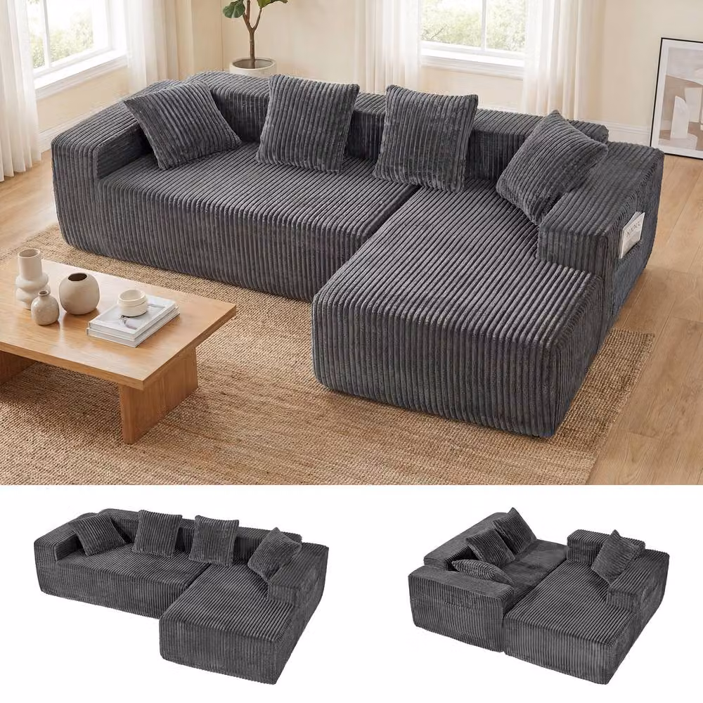 Dprodo 4 Seater Modular Right L-Shaped Sectional Sofa in Grey Velvet Cord Fabric, Width: 261 cm – 4