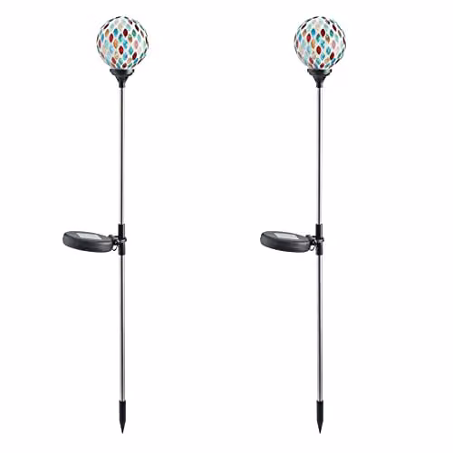 mysmartbuy Solar Mosaic Globe Stake Lights, 2 Pack, Multicolour Stainless Steel and Glass Garden Lighting, H75 x W9 cm – 1