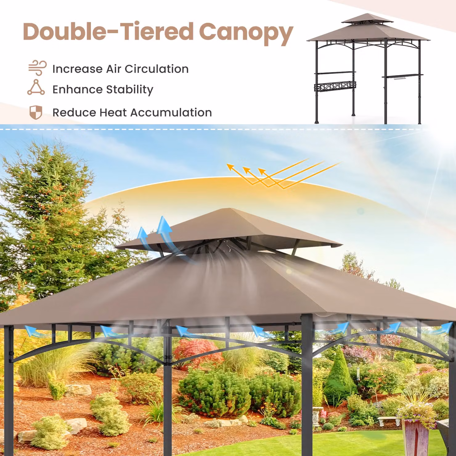 Gymax Outdoor BBQ Canopy Tent Gazebo with 2 Side Shelves, Brown, W: 242 cm, D: 153 cm, H: 250 cm – 2