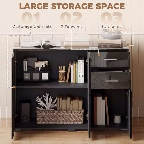 HOMCOM Modern High Gloss Black Sideboard Storage Cabinet – 4
