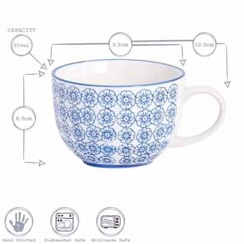 Nicola Spring Floral Hand-Printed Cappuccino Cups, Pack of 6, 250ml, Blue