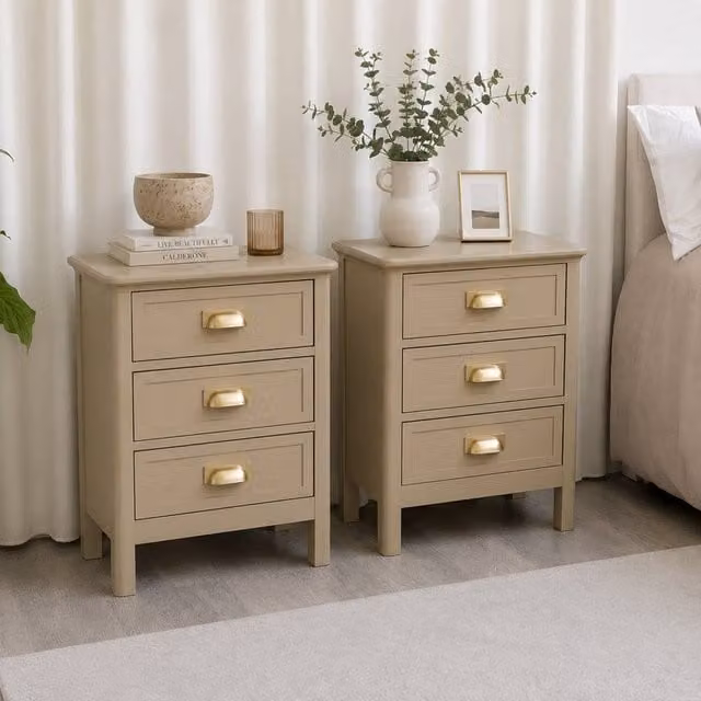 Melody Maison Lawrence Taupe Pair of 3 Drawer Bedside Tables in Beige and Gold