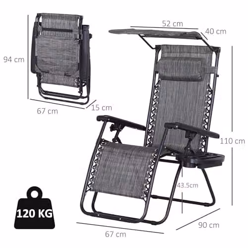 Outsunny Grey Zero Gravity Foldable Reclining Garden Chair with Sun Canopy, Adjustable Headrest and Side Tray – 3