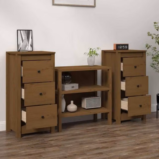 Berkfield Home Set of 2 Solid Wood Pine Sideboards in Honey Brown, W/D/H: 40 x 35 x 80 cm