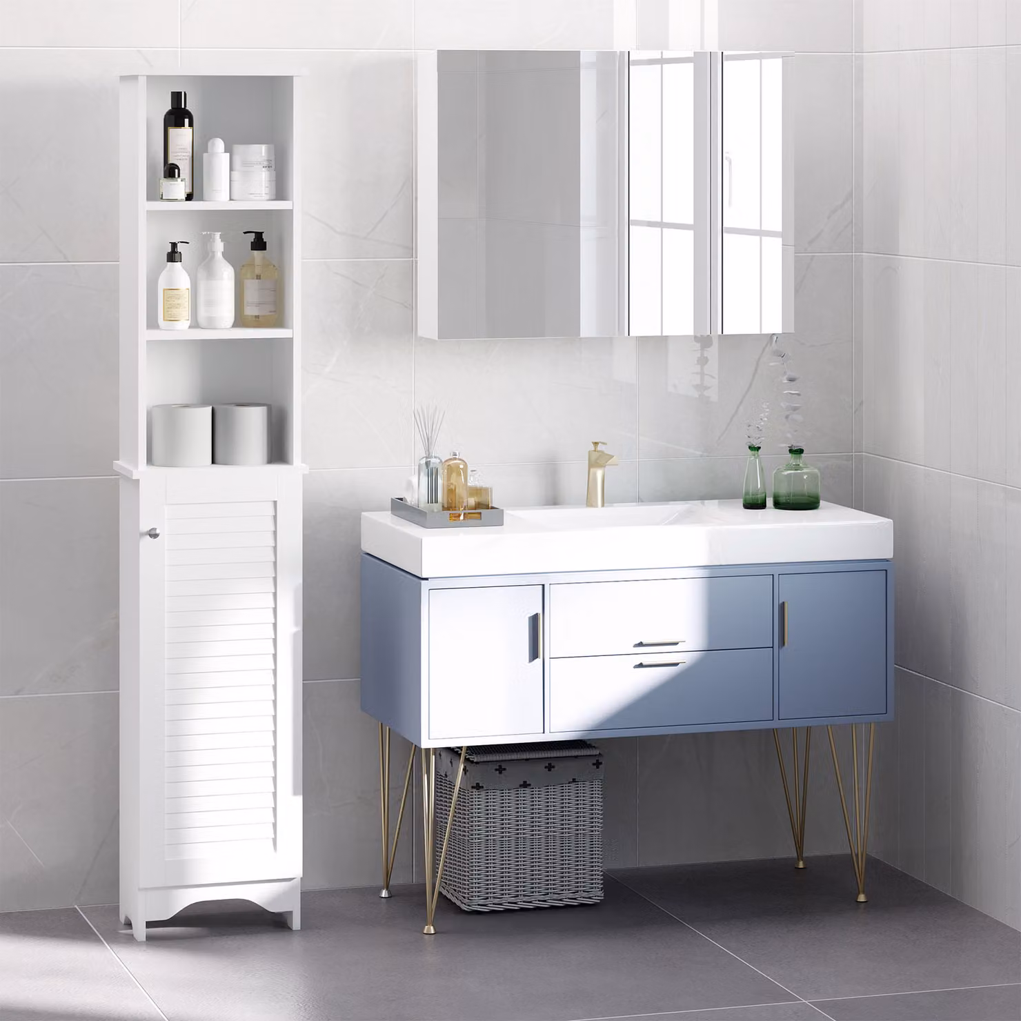 HOMCOM Freestanding Tallboy Bathroom Storage Cabinet with 6 Shelves and Roll Shutter Door, White, H 165 x W 34 x D 34 cm – 2
