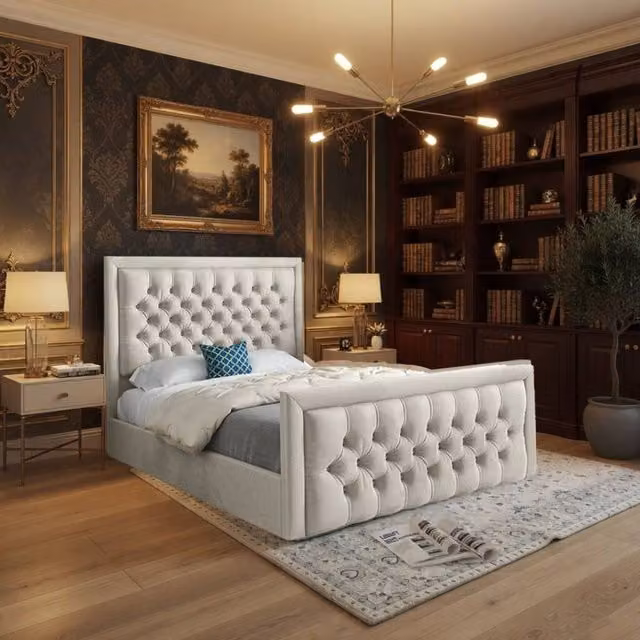 KDMD Ugborough Upholstered Designer Bed Frame in Beige Soft Velvet, Size: Double (140 x 200 cm)
