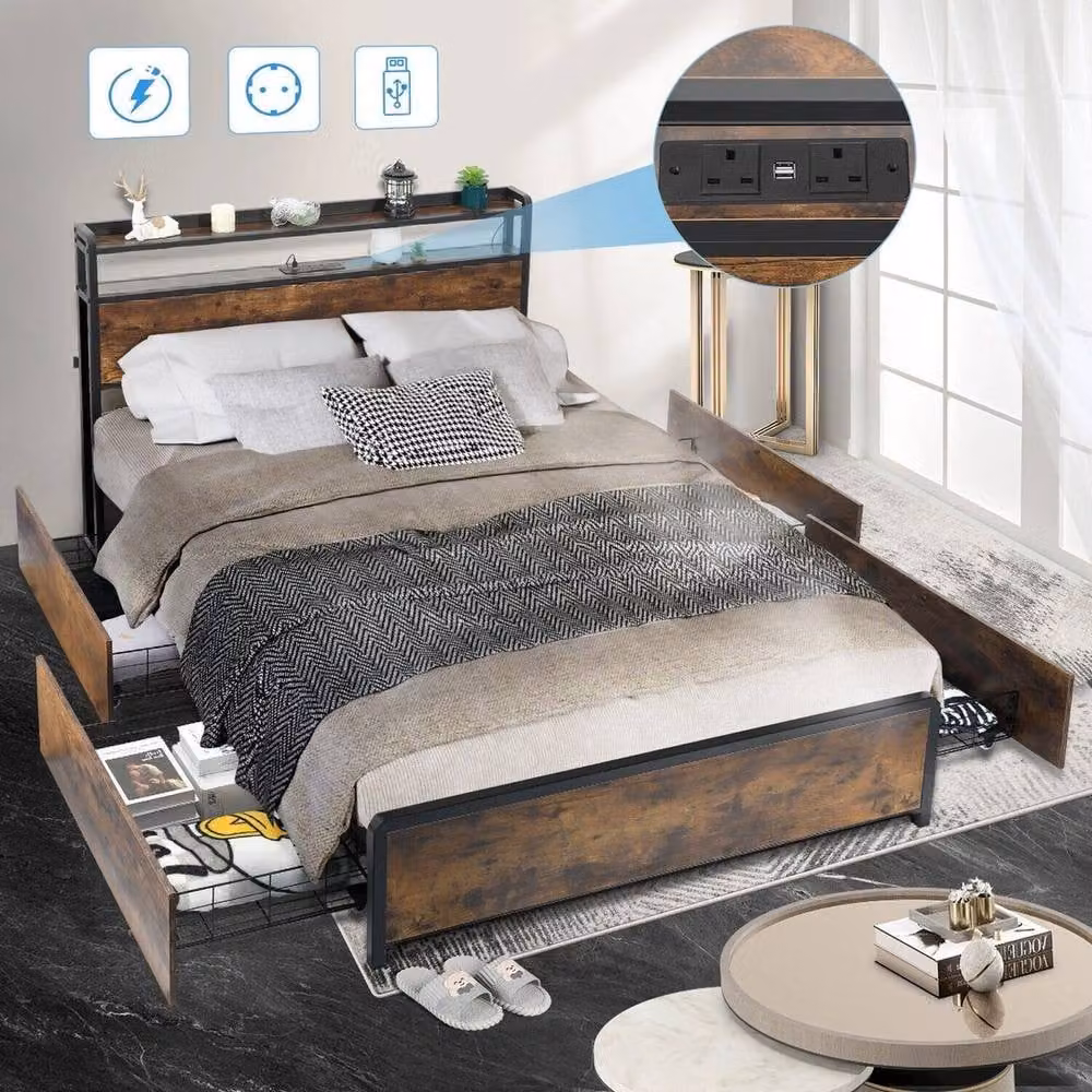 SPETLEK Double Size Metal Bed Frame with USB Charging Port and Side Compartments in Brown, W/D/H: 140 x 200 cm – 2