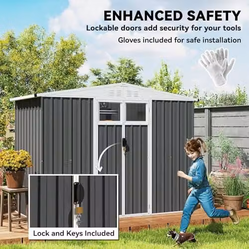 Outsunny Metal Garden Storage Shed in Dark Grey with Double Doors, Window and Lock, W/D/H: 246 x 117 x 161 cm – 4