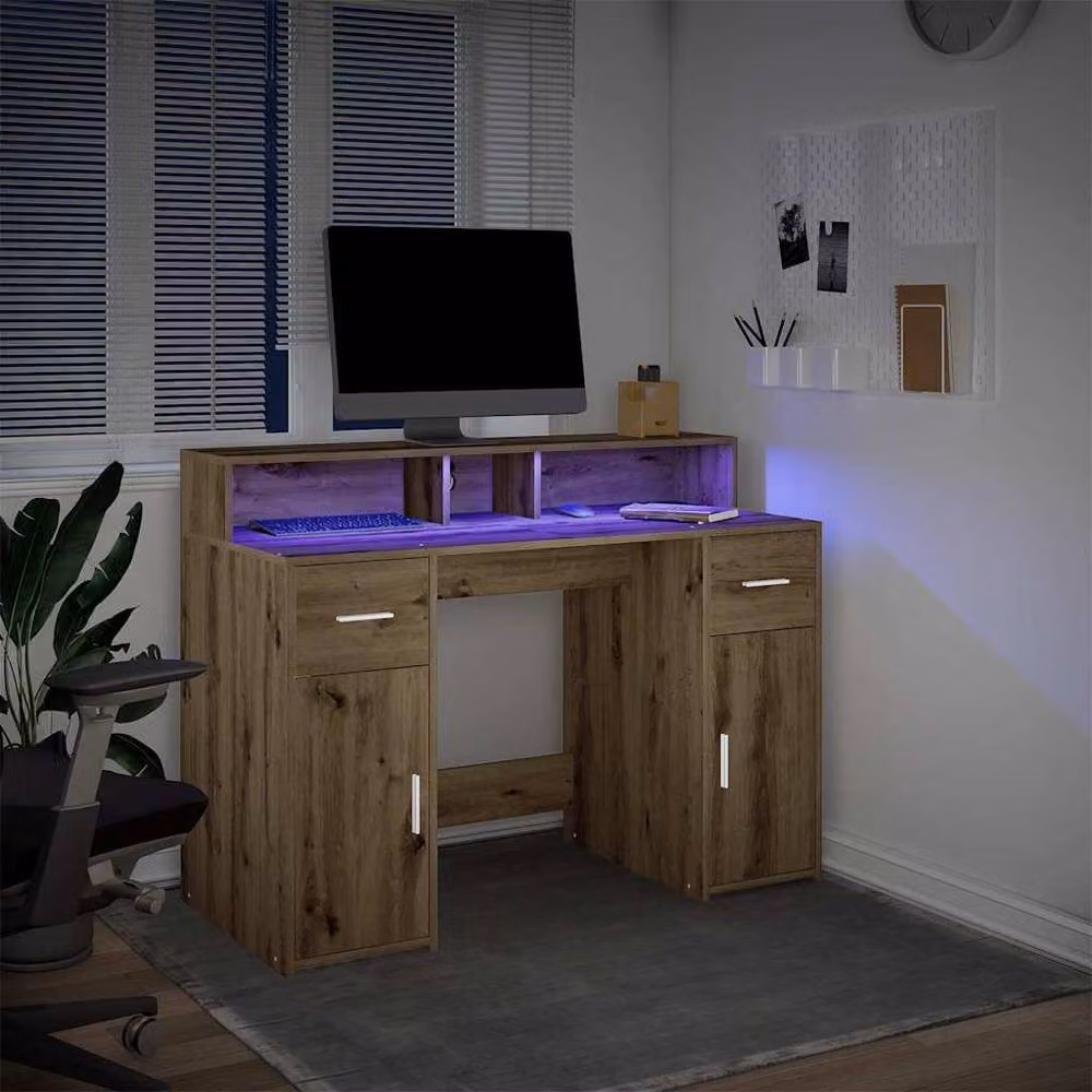 Berkfield Modern Gaming and Home Office Desk with LED Lights in Artisan Oak Brown, W/D/H: 120 x 55 x 91 cm – 3