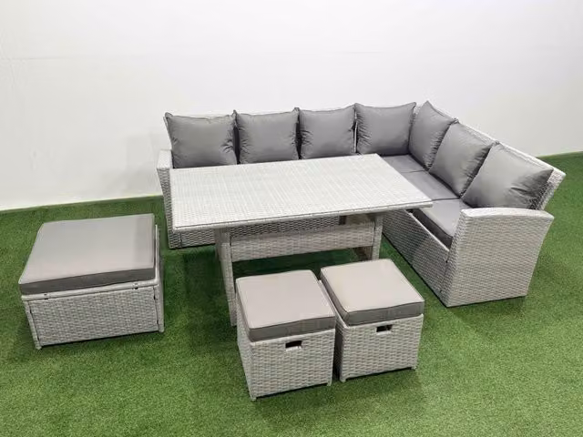 Fimous 9 Seater Rattan Garden Furniture Set with Corner Sofa and Dining Table in Light Grey