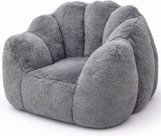 KORVIXA Grey Faux Fur Bean Bag Sofa W/D/H: 100 x 100 x 67 cm