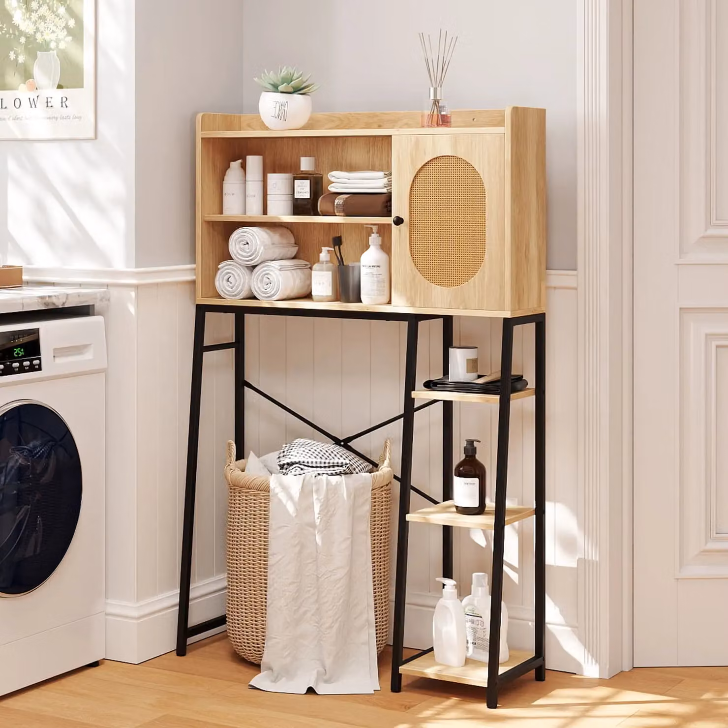 Costway Over The Toilet Storage Cabinet Bathroom Organizer with Rattan Details in Sand and Brown – 2