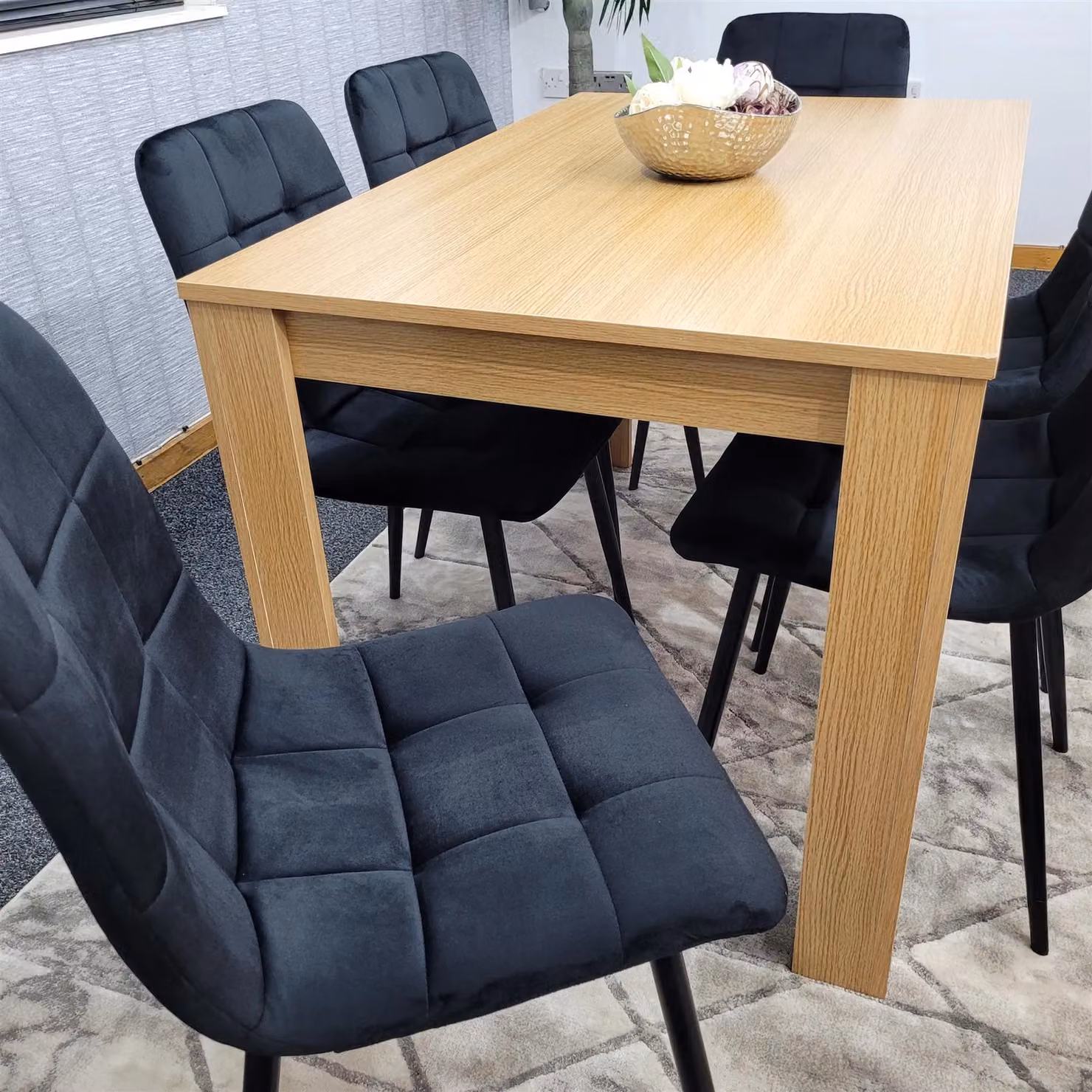 Kosy Koala Oak Effect Dining Table Set with 6 Black Velvet Chairs in Brown – 5