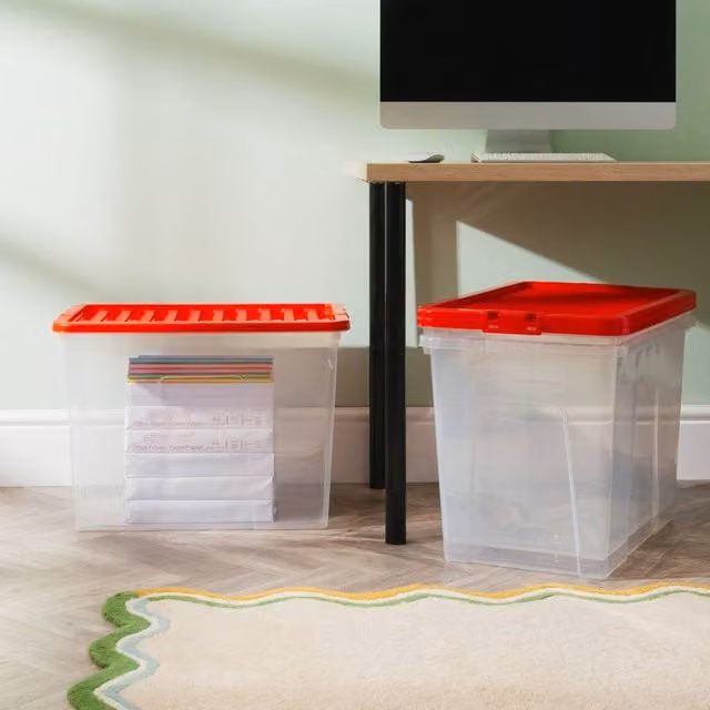 Wham Crystal 80L Stackable Plastic Storage Boxes with Red Lids, Pack of 3, Transparent – 1