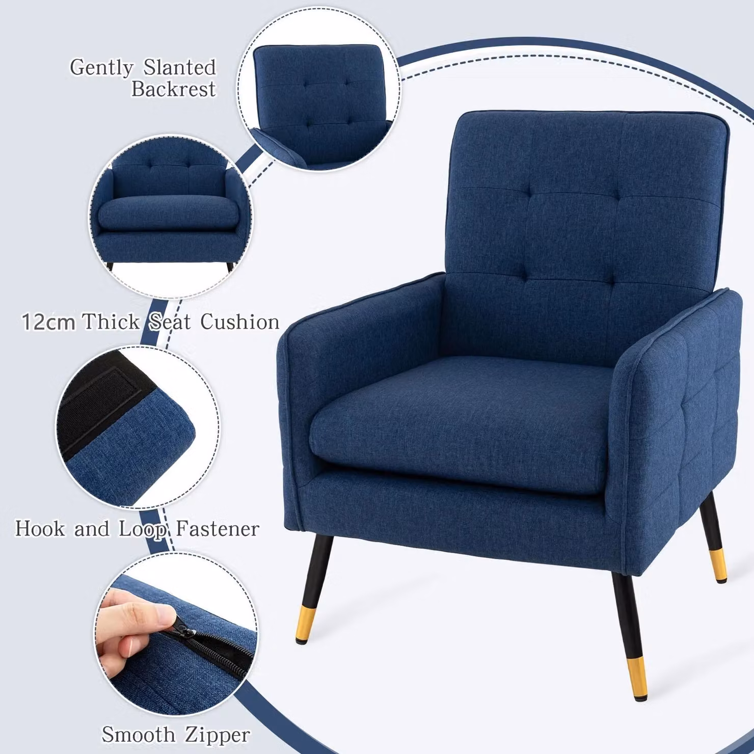 Costway Modern Upholstered Accent Armchair in Blue with Metal Frame – 9