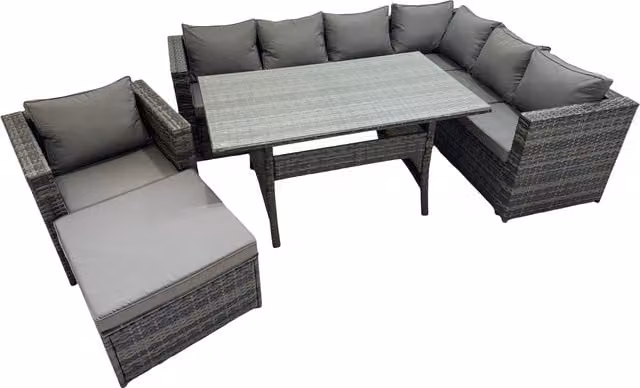 Fimous 8-Seater Rattan Garden Furniture Set with Dining Table, Corner Sofas and Large Footstool in Dark Grey Mixed