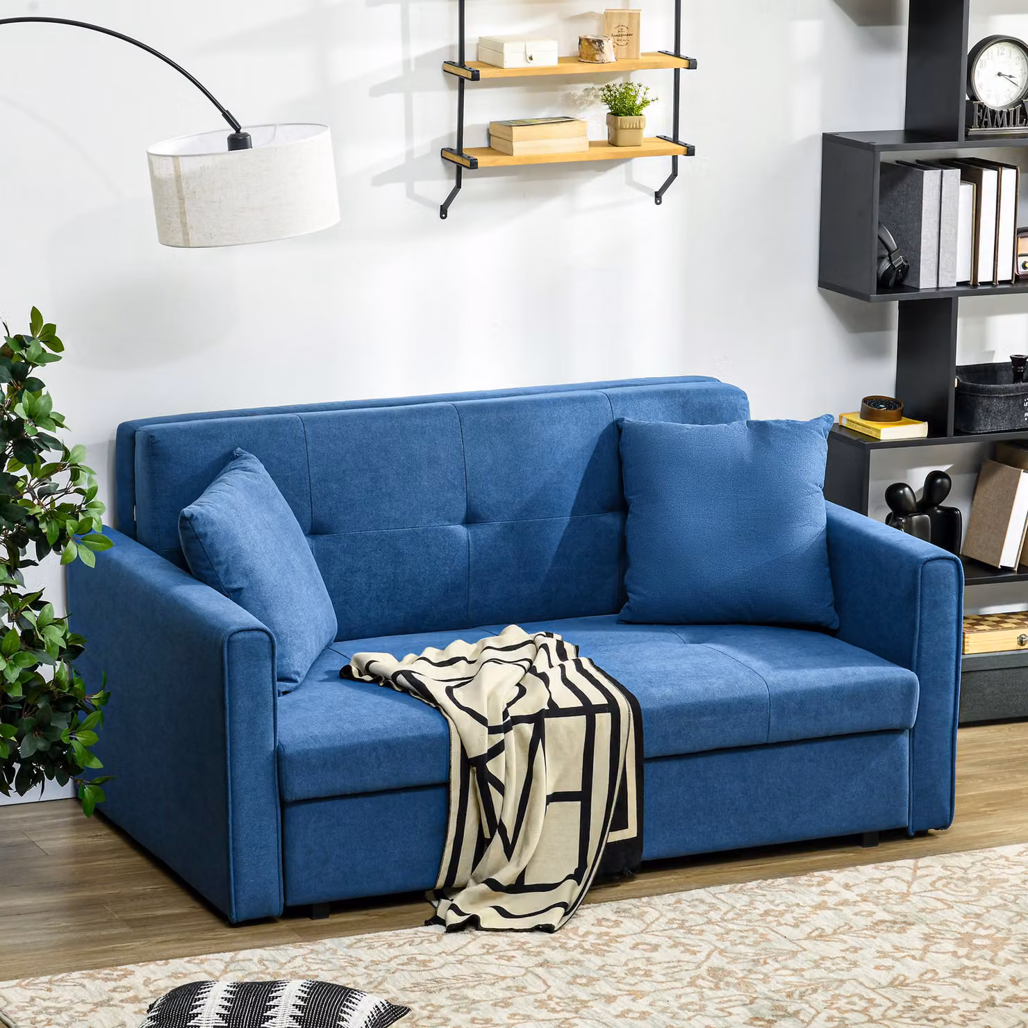 HOMCOM 2 Seater Convertible Sofa Bed with Storage and Scatter Cushions in Blue – 2