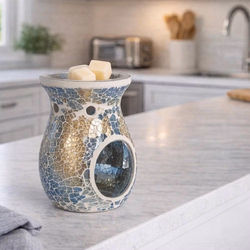 Aroma Blue and Gold Crackle Glass Tealight Wax Melt Warmer, H 14 cm – 3