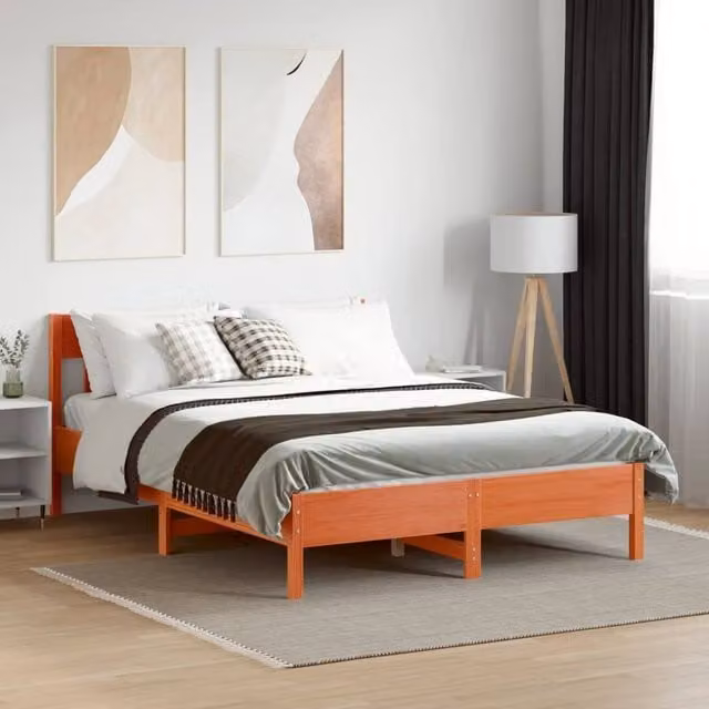 Berkfield Home Beautiful Solid Wood Bed Frame in Waxed Brown and Burnt Orange, W/D/H: 140 x 200 x 81 cm – 1