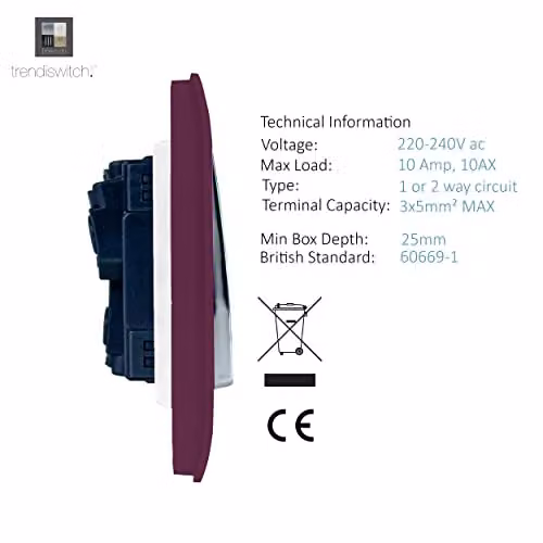 Trendi Switch 1 Gang 2 Way Screwless Modern Glossy 10 Amp Light Switch with Chrome Rocker in Plum Purple – 3
