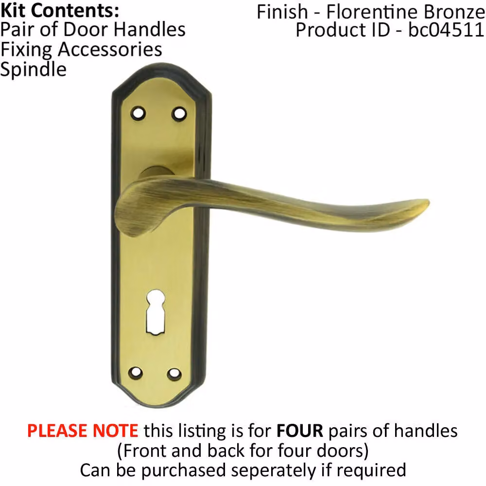 Loops 4x Pair Curved Handle on Sculpted Lock Backplate in Florentine Bronze, W: 180 mm, H: 48 mm – 2
