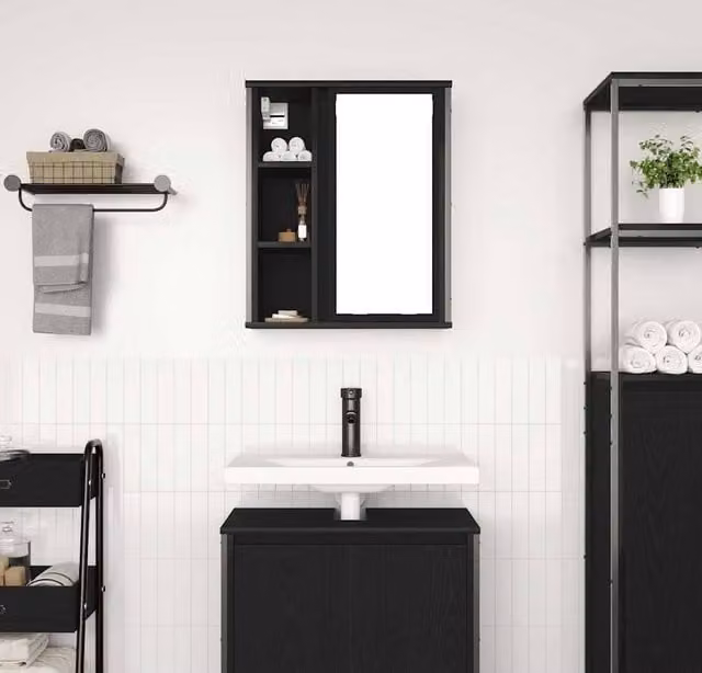 Berkfield Home Modern Black Oak Decorative Bathroom Wall Cabinet with Mirror and Internal Shelves, W/D/H: 50 x 21 x 60 cm