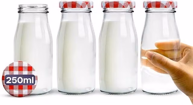 Volila Glass Milk Bottles with Labels and Pens, 250 ml, Red