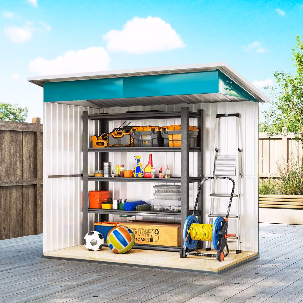 Rolipo Galvanised Steel Pent Garden Shed with Window and Lock, Green/Teal, W/D/H: 213.36 x 121.92 x 182.88 cm – 7