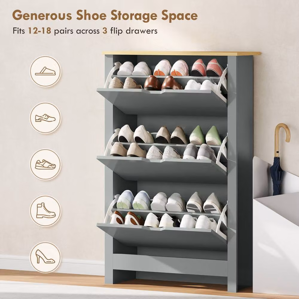 HOMCOM Modern Light Grey Shoe Storage Cabinet with 6 Shelves and 3 Drawers – 4