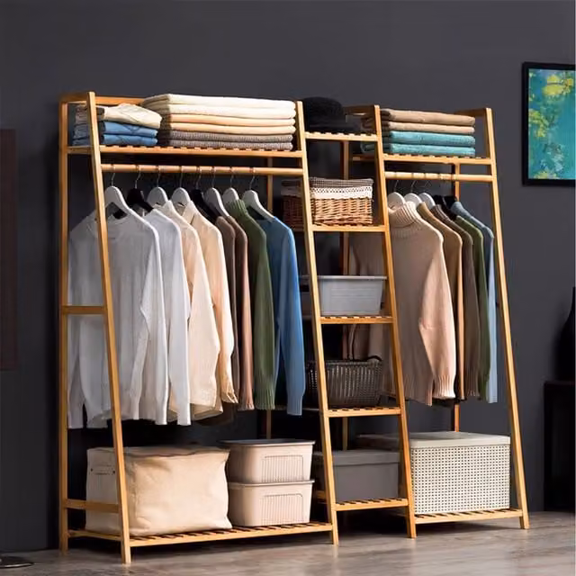 Komore Yellow Bamboo A-Frame Coat Rack with Multi-Tier Storage Shelves