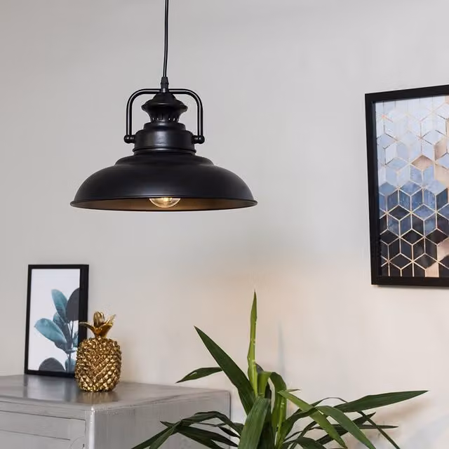 ValueLights Duomo Industrial Matte Black Metal Dome Ceiling Pendant Light Fitting