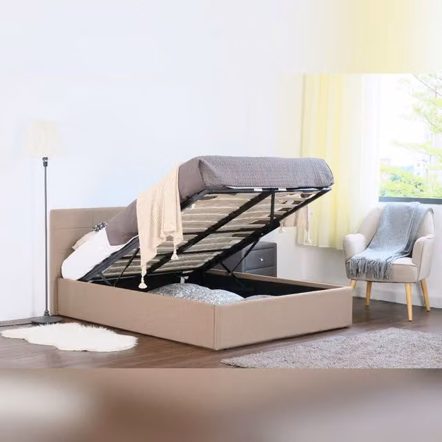 Comfy Living Ltd Linen Fabric Gas Lift Ottoman Bed in Brown, W: 140 cm, D: 200 cm