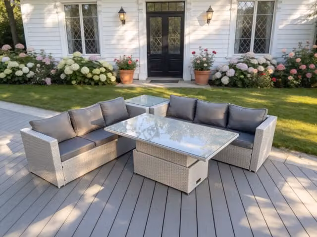 Fimous Rattan Garden Furniture Set in Light Grey with Height Adjustable Coffee Table, 3-Seater Sofa and Upholstered Cushions