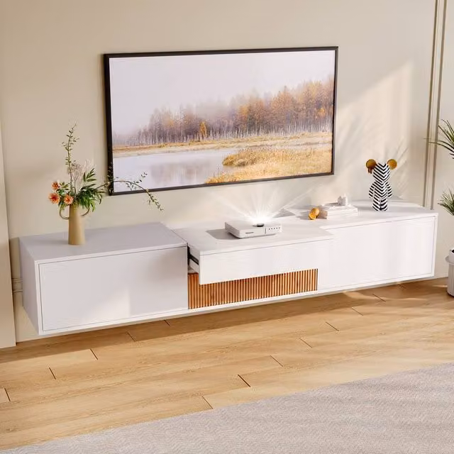 BTM Modern Wood TV Cabinet Stand and Projector Lowboard Shelf, White and Multicolour, W/D/H: 180 x 34 x 30 cm – 1